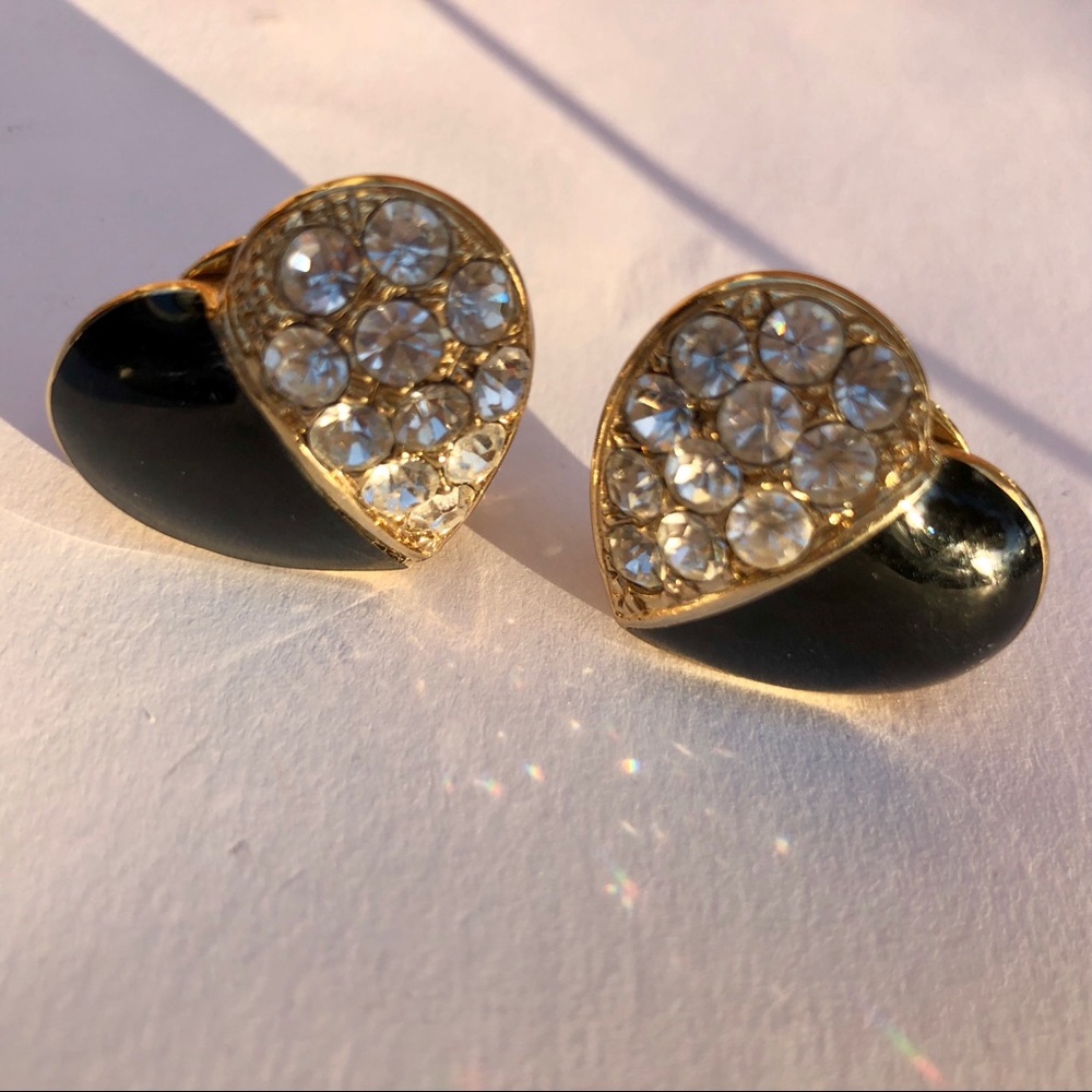 Enamel and Rhinestone Heart Clip Earrings